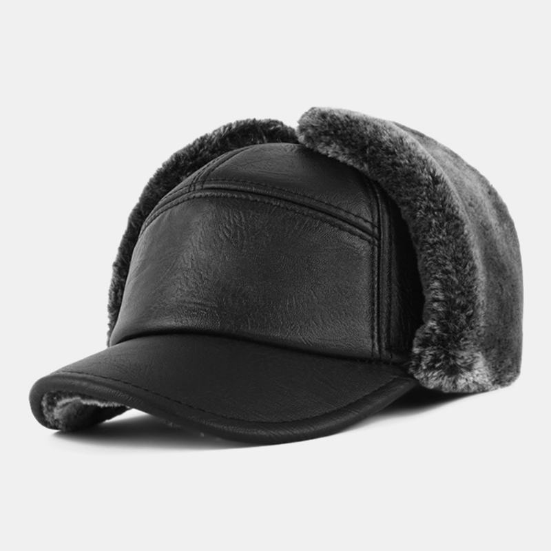 Mężczyźni Pu Leather Plusz Zagęścić Outdoor Wiatroszczelna Ochrona Słuchu Ciepło Trapper Hat Ushanka Hat