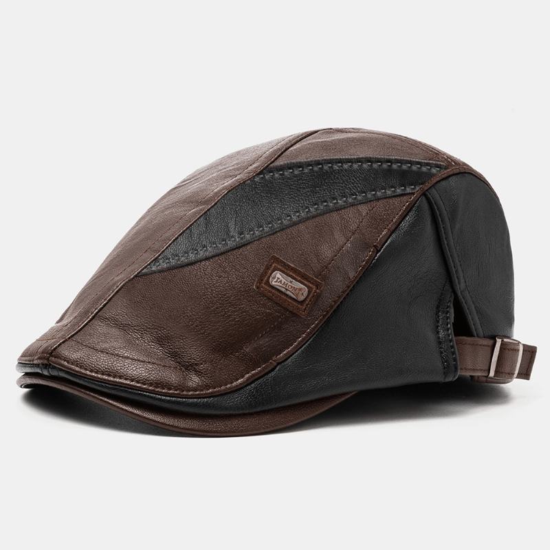 Mężczyźni Pu Leather Retro Casual Contrast Color Newsboy Hat Forward Hat Beret Hat