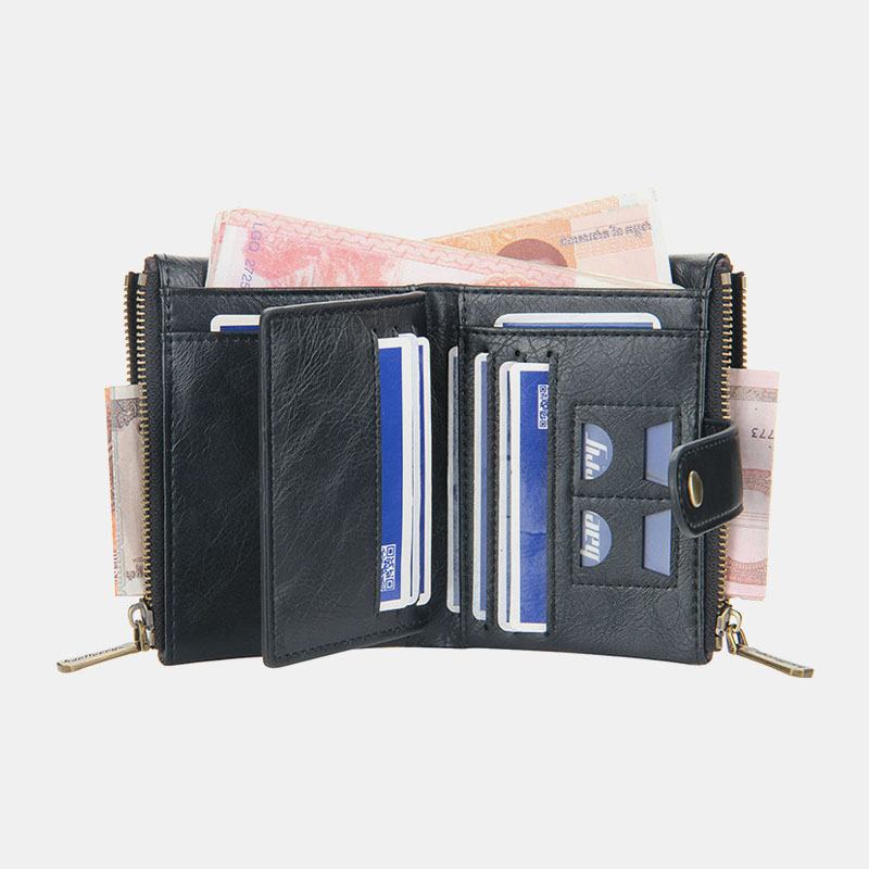 Mężczyźni Pu Leather Short Bifold Double Zipper Multi-card Slot Card Holder Retro Coin Purse Money Clip Wallet