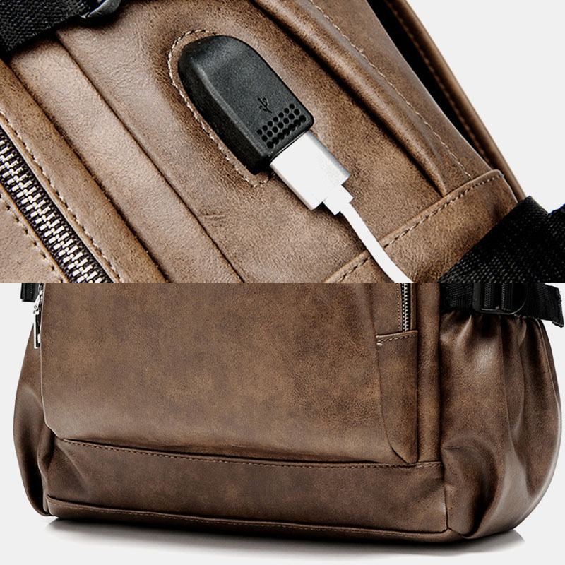 Mężczyźni Pu Leather Usb Charging Business Casual Wodoodporna 14-calowa Torba Na Laptopa Student School Bag Regulowany Plecak