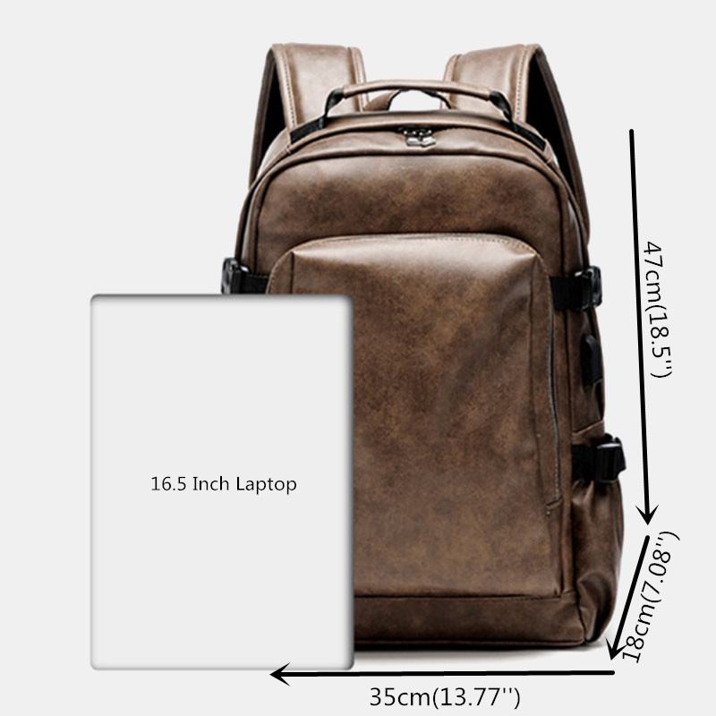 Mężczyźni Pu Leather Usb Charging Business Casual Wodoodporna 14-calowa Torba Na Laptopa Student School Bag Regulowany Plecak