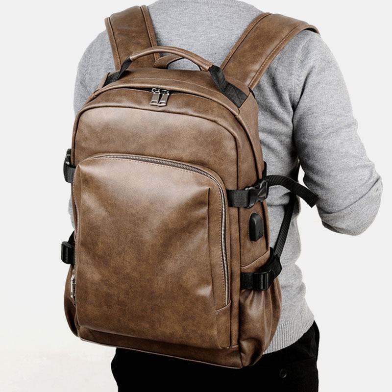 Mężczyźni Pu Leather Usb Charging Business Casual Wodoodporna 14-calowa Torba Na Laptopa Student School Bag Regulowany Plecak