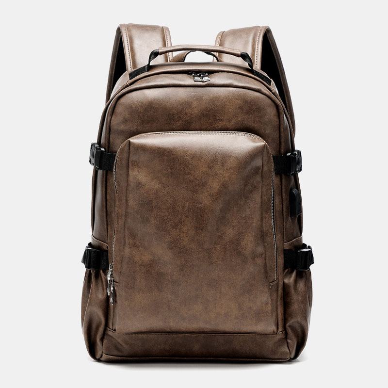 Mężczyźni Pu Leather Usb Charging Business Casual Wodoodporna 14-calowa Torba Na Laptopa Student School Bag Regulowany Plecak