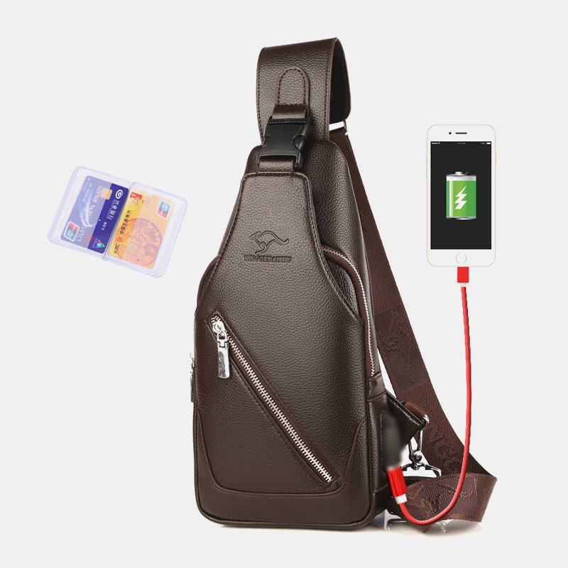 Mężczyźni Pu Leather Usb Charging Wodoodporny Otwór Na Słuchawki Business Torba Przez Ramię Torba Na Klatkę Piersiową Sling Bag