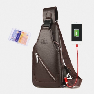 Mężczyźni Pu Leather Usb Charging Wodoodporny Otwór Na Słuchawki Business Torba Przez Ramię Torba Na Klatkę Piersiową Sling Bag