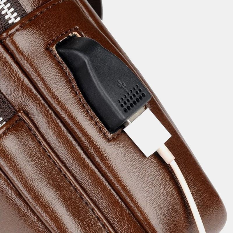 Mężczyźni Pu Leather Usb Charging Wodoodporny Otwór Na Słuchawki Business Torba Przez Ramię Torba Na Klatkę Piersiową Sling Bag