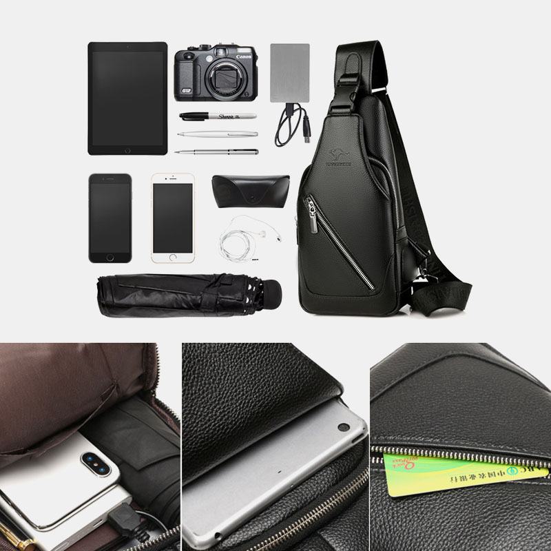 Mężczyźni Pu Leather Usb Charging Wodoodporny Otwór Na Słuchawki Business Torba Przez Ramię Torba Na Klatkę Piersiową Sling Bag