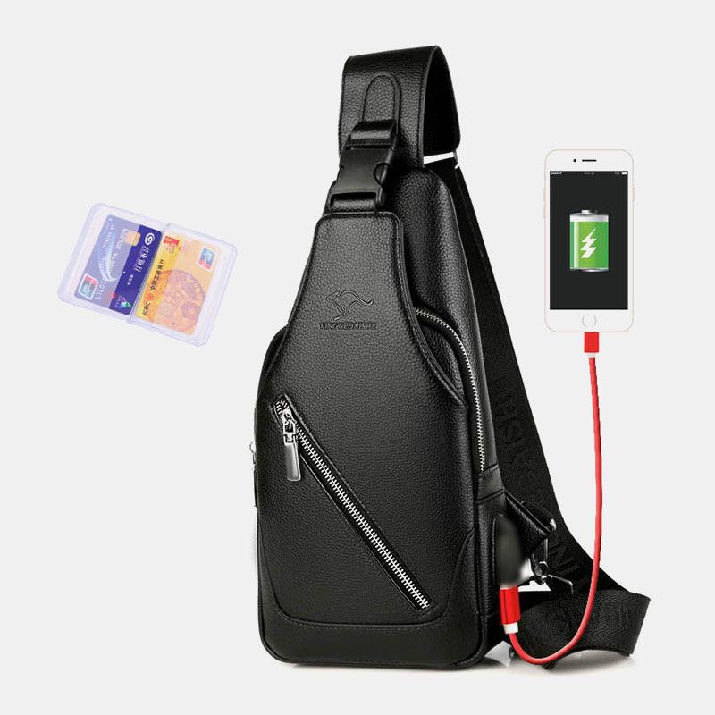 Mężczyźni Pu Leather Usb Charging Wodoodporny Otwór Na Słuchawki Business Torba Przez Ramię Torba Na Klatkę Piersiową Sling Bag