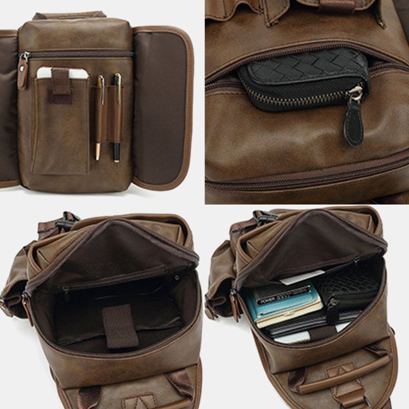 Mężczyźni Pu Leather Vintage Wielofunkcyjny Otwór Na Słuchawki Usb Ładowanie Torba Przez Ramię Torba Na Klatkę Piersiową Sling Bag