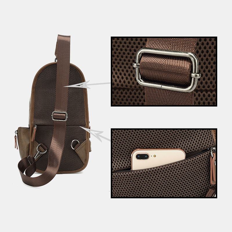 Mężczyźni Pu Leather Vintage Wielofunkcyjny Otwór Na Słuchawki Usb Ładowanie Torba Przez Ramię Torba Na Klatkę Piersiową Sling Bag