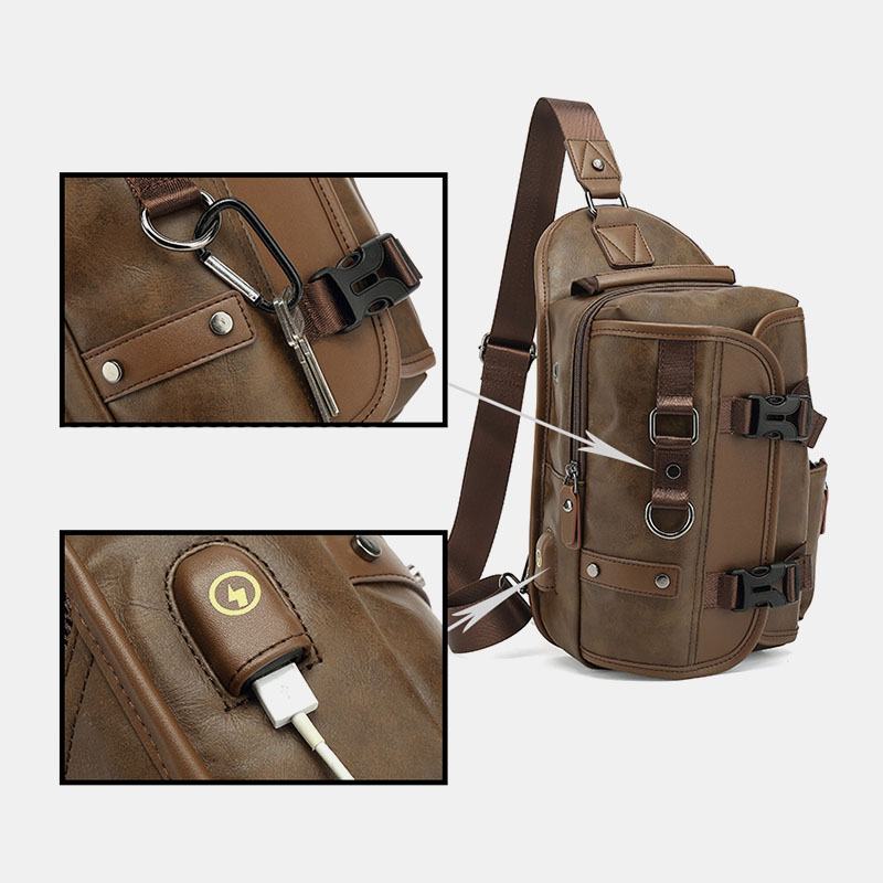 Mężczyźni Pu Leather Vintage Wielofunkcyjny Otwór Na Słuchawki Usb Ładowanie Torba Przez Ramię Torba Na Klatkę Piersiową Sling Bag