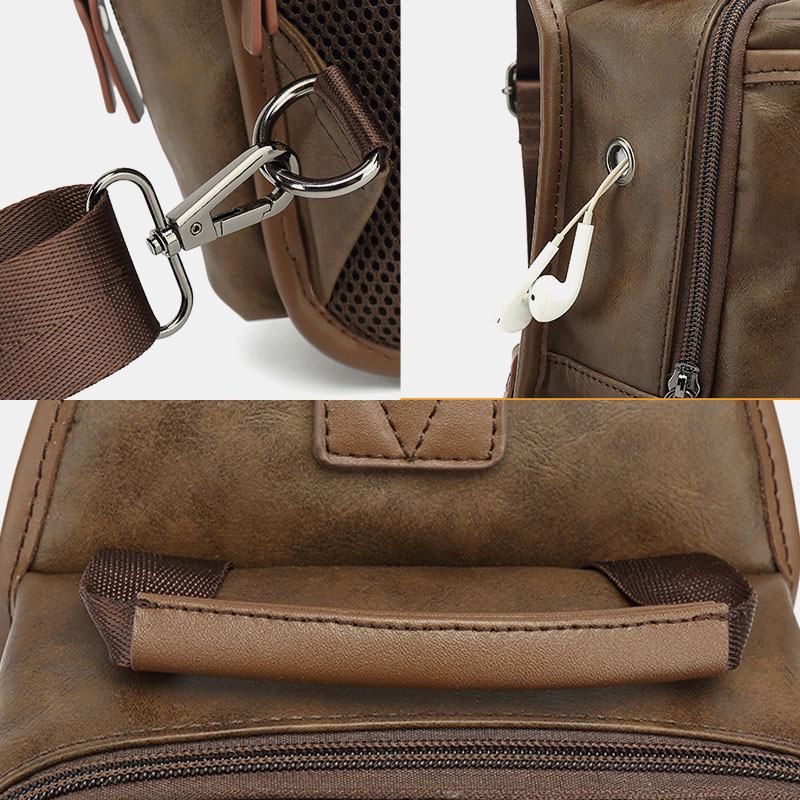 Mężczyźni Pu Leather Vintage Wielofunkcyjny Otwór Na Słuchawki Usb Ładowanie Torba Przez Ramię Torba Na Klatkę Piersiową Sling Bag