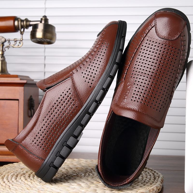 Mężczyźni Skóra Bydlęca Oddychająca Hollow Out Miękkie Dno Z Zamkniętymi Palcami Casual Business Shoes