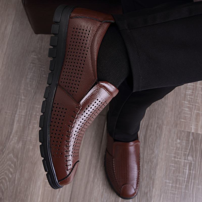 Mężczyźni Skóra Bydlęca Oddychająca Hollow Out Miękkie Dno Z Zamkniętymi Palcami Casual Business Shoes