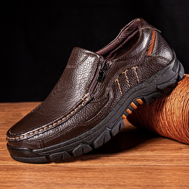 Mężczyźni Skóra Bydlęca Oddychająca Miękka Podeszwa Slip On England Style Zipper Casual Shoes