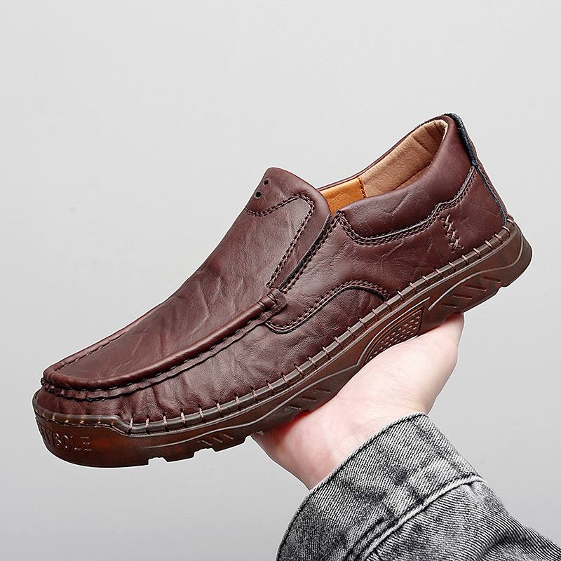 Mężczyźni Skóra Bydlęca Oddychające Szwy Ręczne Miękka Podeszwa Slip On Solid Casual Lofer Shoes