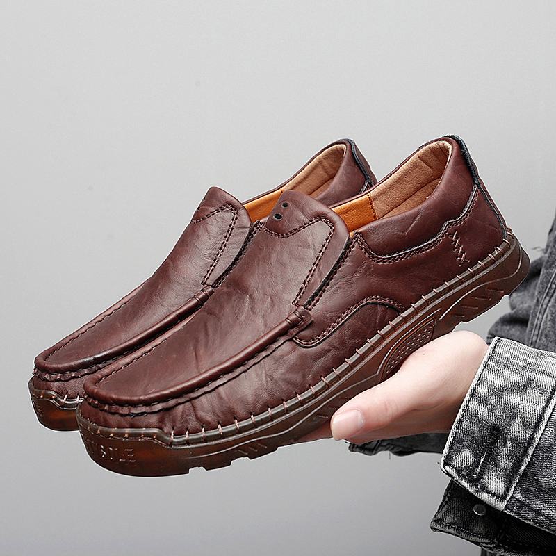 Mężczyźni Skóra Bydlęca Oddychające Szwy Ręczne Miękka Podeszwa Slip On Solid Casual Lofer Shoes