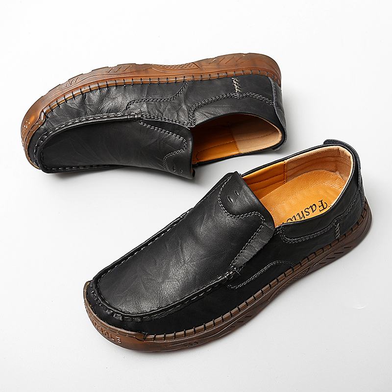 Mężczyźni Skóra Bydlęca Oddychające Szwy Ręczne Miękka Podeszwa Slip On Solid Casual Lofer Shoes