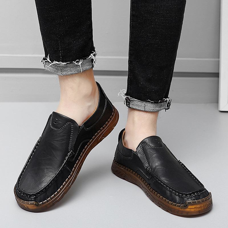 Mężczyźni Skóra Bydlęca Oddychające Szwy Ręczne Miękka Podeszwa Slip On Solid Casual Lofer Shoes