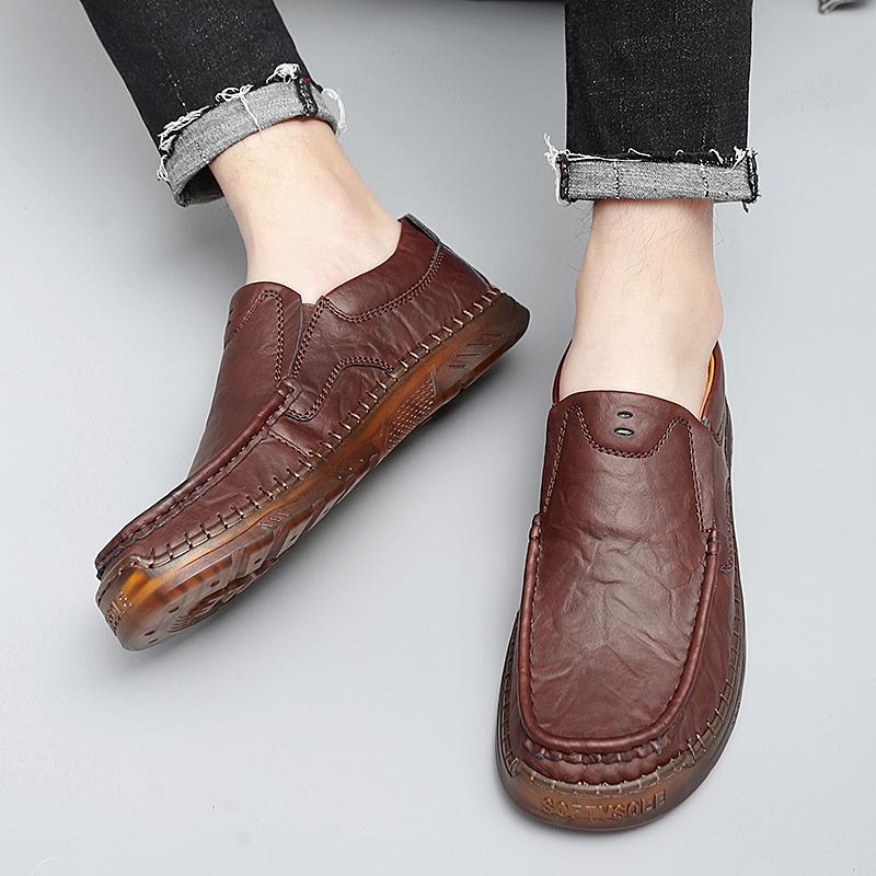 Mężczyźni Skóra Bydlęca Oddychające Szwy Ręczne Miękka Podeszwa Slip On Solid Casual Lofer Shoes