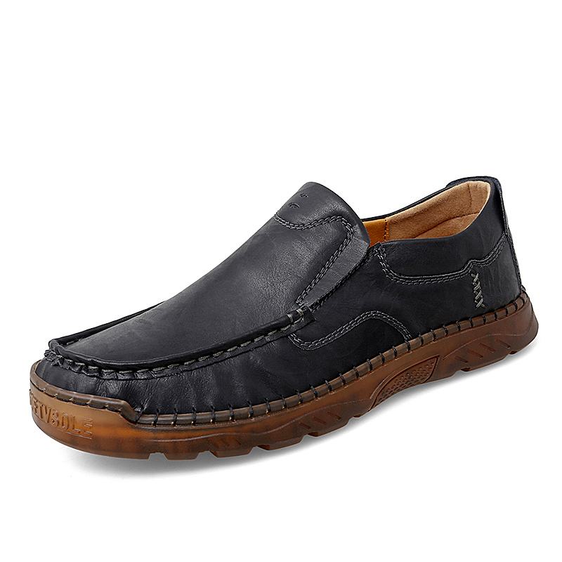 Mężczyźni Skóra Bydlęca Oddychające Szwy Ręczne Miękka Podeszwa Slip On Solid Casual Lofer Shoes