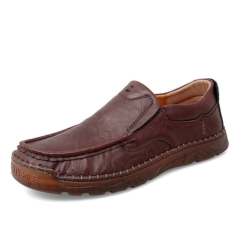 Mężczyźni Skóra Bydlęca Oddychające Szwy Ręczne Miękka Podeszwa Slip On Solid Casual Lofer Shoes