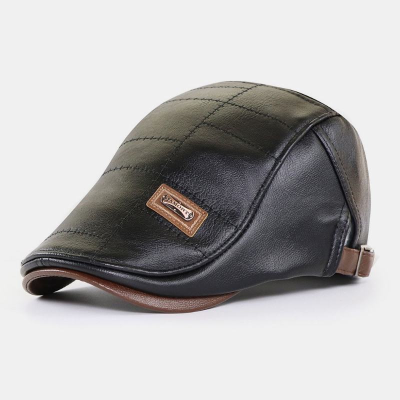 Męska Faux Leather Jesień Zima Solidna Utrzymać Ciepło Plus Aksamitna Modna Skórzana Regulowana CZapka Beret
