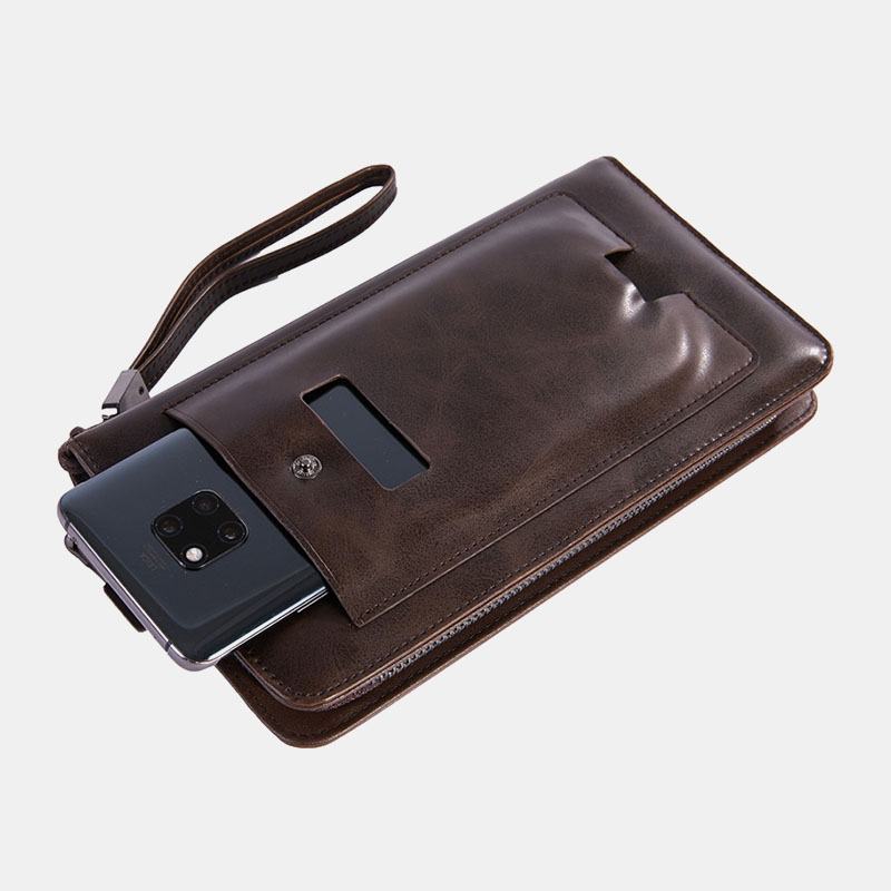 Męska Faux Leather Retro Business 6.3 Cala Torba Na Telefon Hand Carry Portfel Kopertówka Z Paskiem Na Nadgarstek