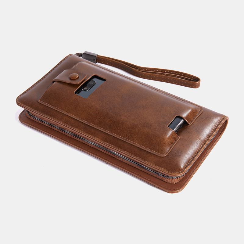 Męska Faux Leather Retro Business 6.3 Cala Torba Na Telefon Hand Carry Portfel Kopertówka Z Paskiem Na Nadgarstek