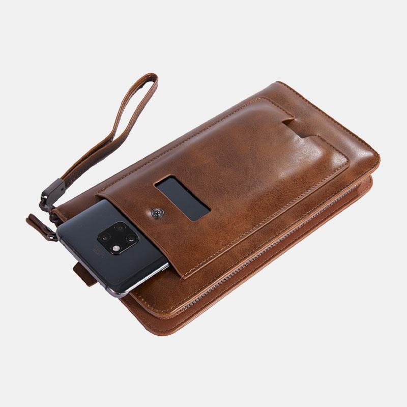 Męska Faux Leather Retro Business 6.3 Cala Torba Na Telefon Hand Carry Portfel Kopertówka Z Paskiem Na Nadgarstek