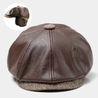 Męska Faux Leather Retro Casual Solid Color Ochrona Słuchu CZapka Do Przodu Ośmiokątna CZapka Beret CZapka