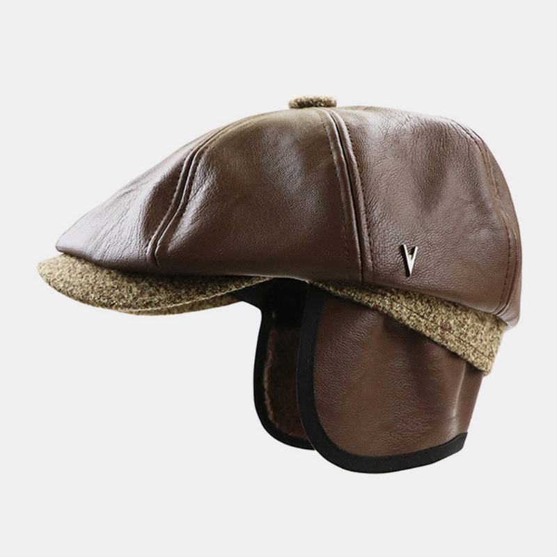 Męska Faux Leather Retro Casual Solid Color Ochrona Słuchu CZapka Do Przodu Ośmiokątna CZapka Beret CZapka