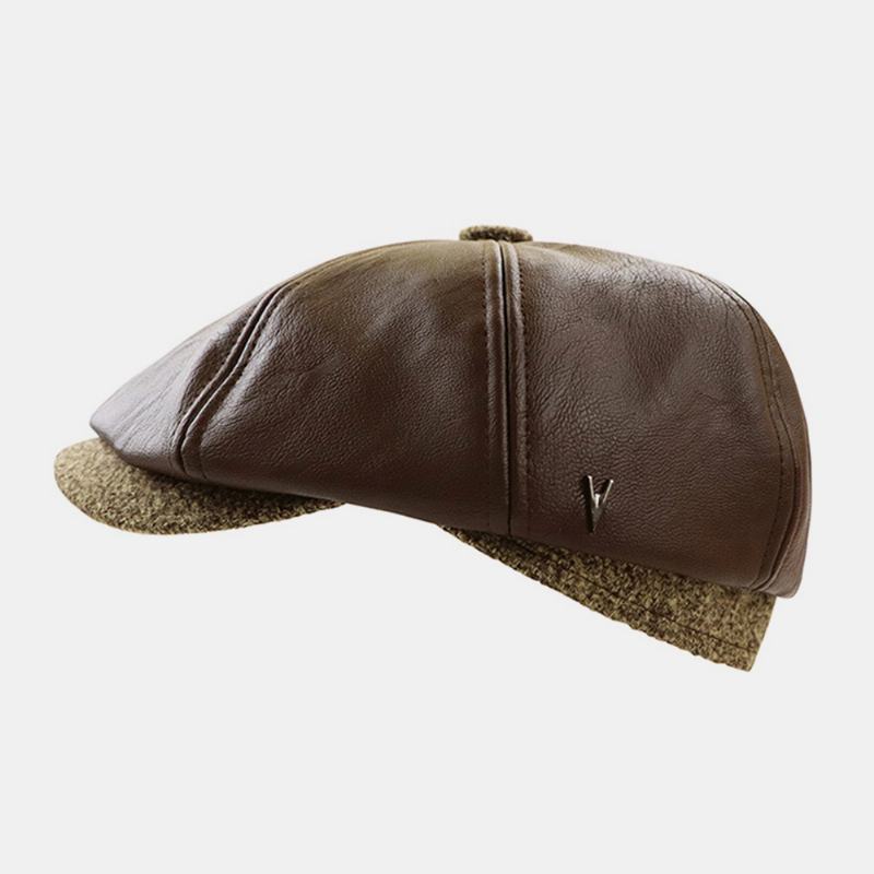 Męska Faux Leather Retro Casual Solid Color Ochrona Słuchu CZapka Do Przodu Ośmiokątna CZapka Beret CZapka