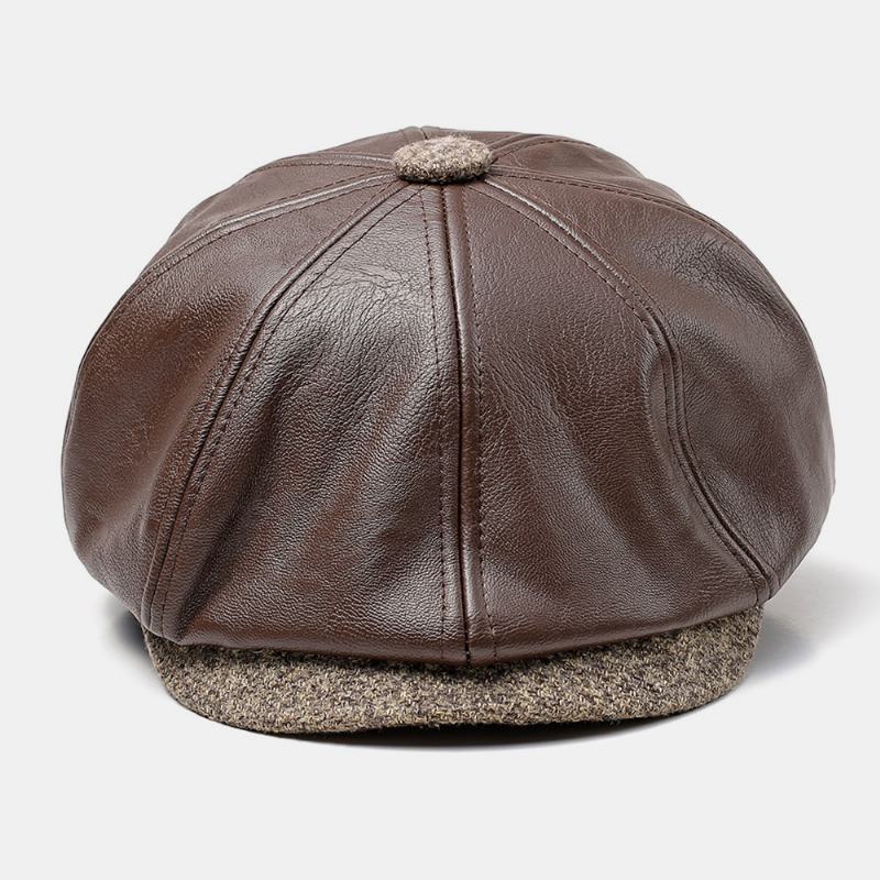 Męska Faux Leather Retro Casual Solid Color Ochrona Słuchu CZapka Do Przodu Ośmiokątna CZapka Beret CZapka