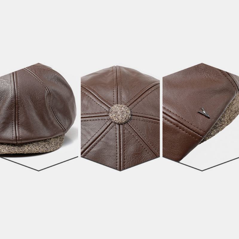 Męska Faux Leather Retro Casual Solid Color Ochrona Słuchu CZapka Do Przodu Ośmiokątna CZapka Beret CZapka