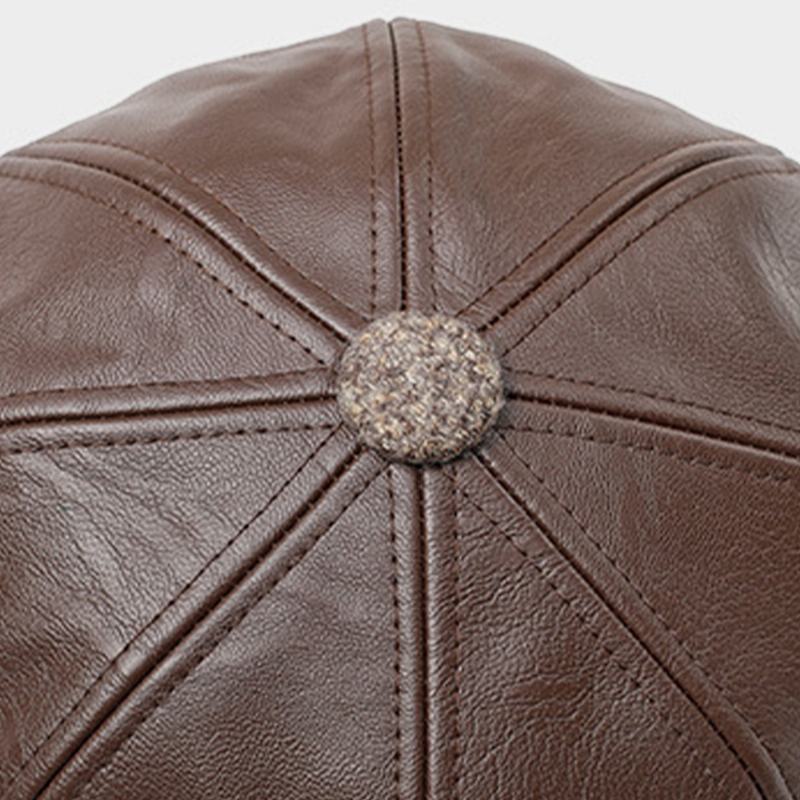 Męska Faux Leather Retro Casual Solid Color Ochrona Słuchu CZapka Do Przodu Ośmiokątna CZapka Beret CZapka