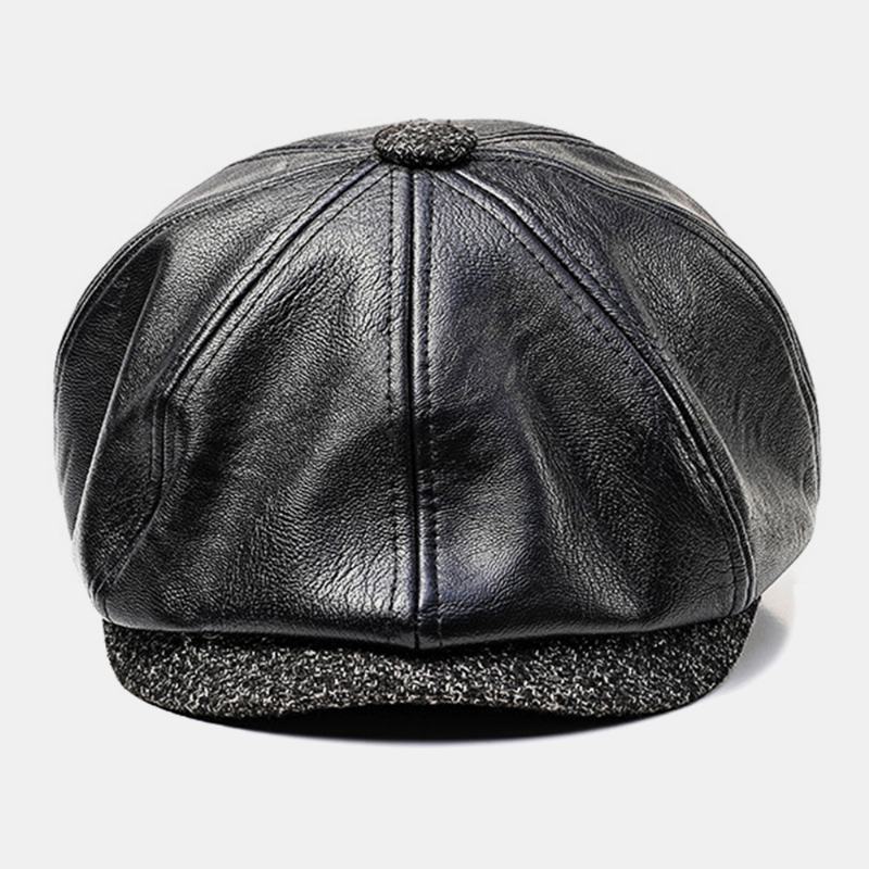 Męska Faux Leather Retro Casual Solid Color Ochrona Słuchu CZapka Do Przodu Ośmiokątna CZapka Beret CZapka