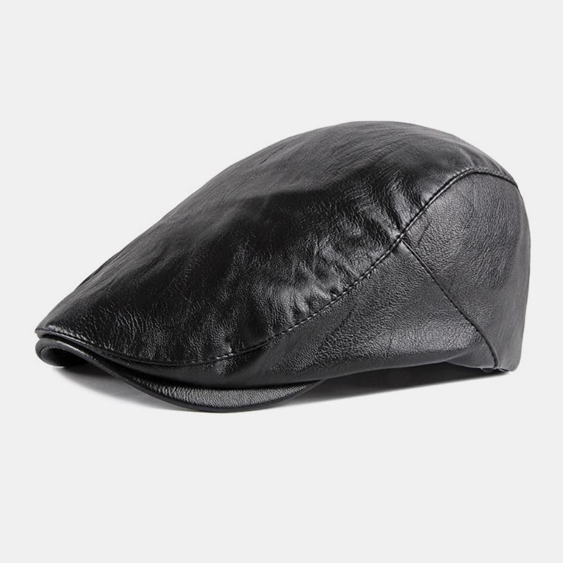 Męska Faux Leather Retro Solid Color British Style Forward Hat Beret Hat