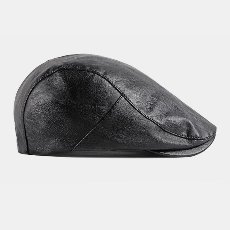 Męska Faux Leather Retro Solid Color British Style Forward Hat Beret Hat