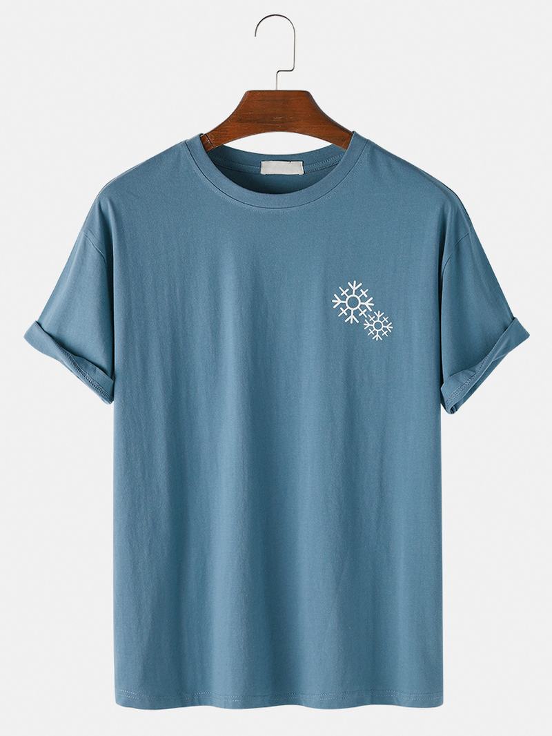 Męska Koszulka Z Okrągłym Dekoltem W Jednolitym Kolorze Z Nadrukiem W Płatki Śniegu