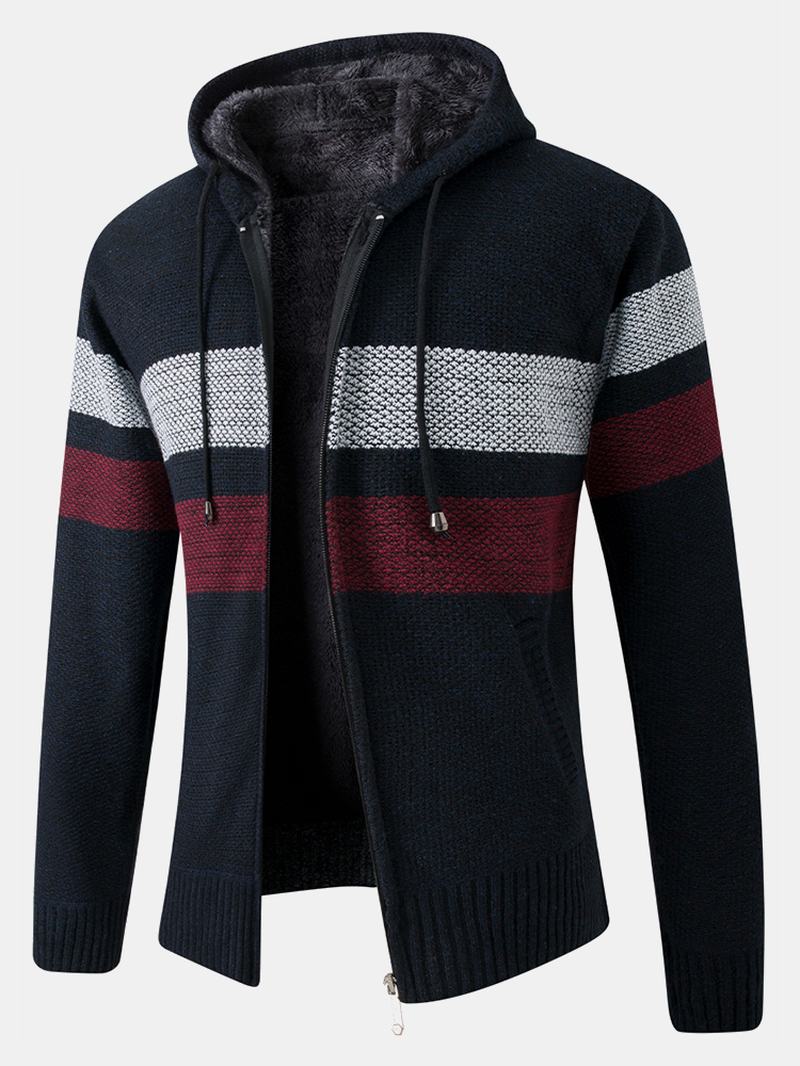 Męska Kurtka Z Kapturem W Paski Colorblock Zipper Gruby Ciepły Sweter Z Dzianiny