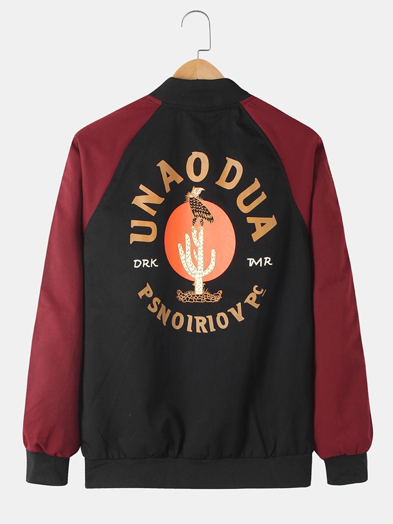 Męska Kurtka Z Nadrukiem Z Tyłu Z Nadrukiem Raglanowym Z Patchworkowym Zamkiem Retro Varsity Jacket