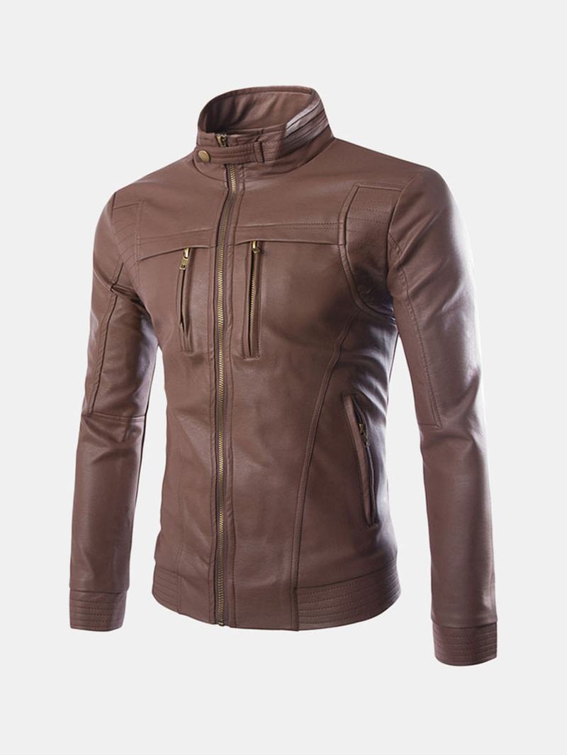 Męska Kurtka Ze Stójką Na Suwak W Kolorze CZarnym Biker Faux Leather