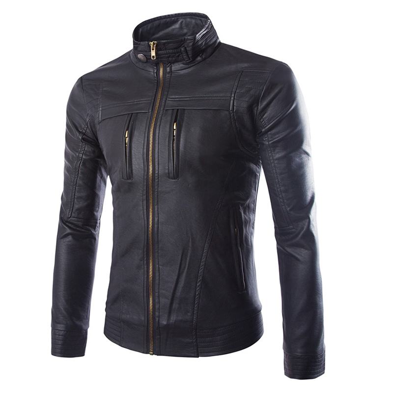 Męska Kurtka Ze Stójką Na Suwak W Kolorze CZarnym Biker Faux Leather