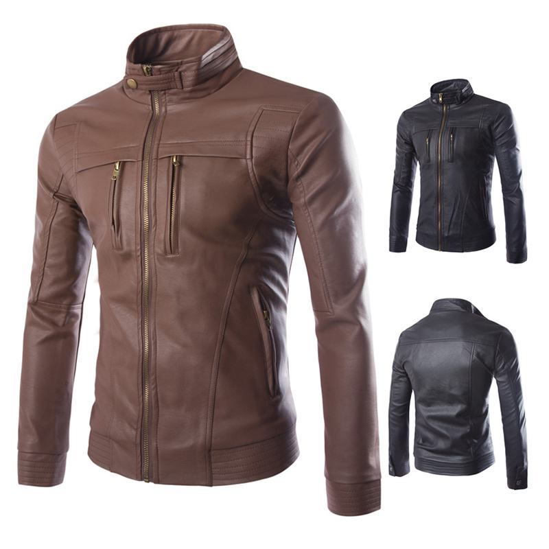 Męska Kurtka Ze Stójką Na Suwak W Kolorze CZarnym Biker Faux Leather