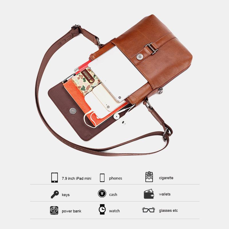 Męska Pierwsza Warstwa Skóry Wołowej Z Wieloma Kieszeniami Anti-theft Crossbody Torba Na Ramię Retro 7.9-calowa Torba Na Ipad