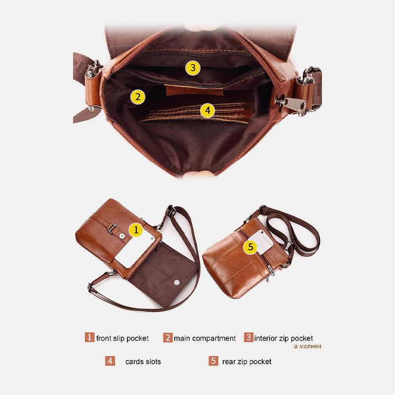 Męska Pierwsza Warstwa Skóry Wołowej Z Wieloma Kieszeniami Anti-theft Crossbody Torba Na Ramię Retro 7.9-calowa Torba Na Ipad