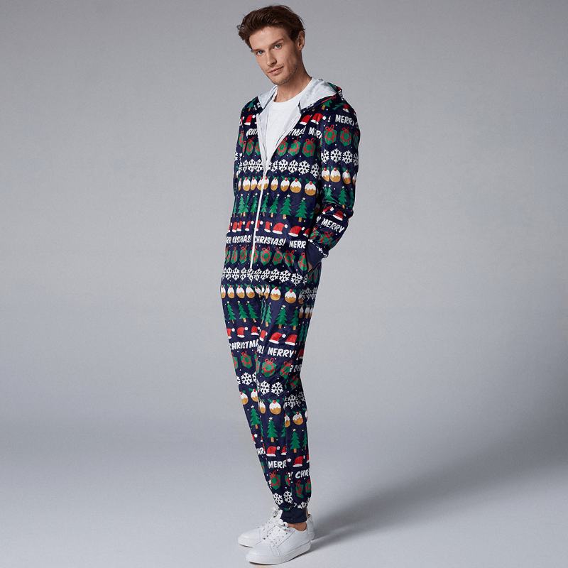 Męska Piżama Z Kapturem Onesies W Świąteczny Wzór