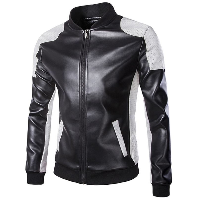 Męska Pu Leather Moda Black White Stitching Motorcycle Biker Jacket Baseball Collar Coat