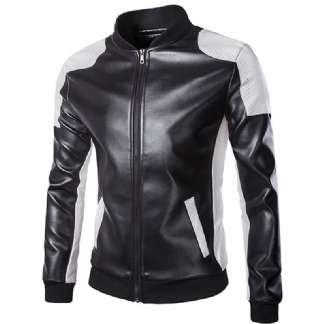 Męska Pu Leather Moda Black White Stitching Motorcycle Biker Jacket Baseball Collar Coat